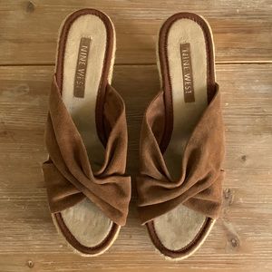 Nine West Suede Open Toe Wedges - Cognac